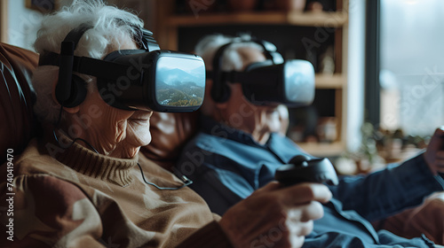 Senior couple having fun together with virtual reality headset, generative ai