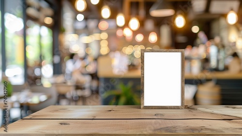 Blank white frame on wooden table at coffee shop counter.
