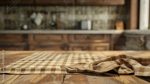 Admire the rustic charm of a wooden table adorned with a checkered tablecloth, complemented by a close-up of a napkin, creating a cozy kitchen ambiance.