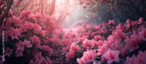 A vibrant landscape filled with pink flowers, their petals creating a magenta reef beneath the trees. The sun shines through the branches, casting a beautiful art on the grass below