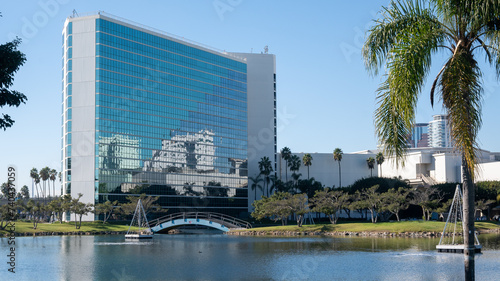 city building with reflection of another city building in long beach california. 