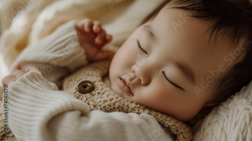ぐっすり眠っている寝顔が天使のように可愛い0歳児の赤ちゃんのアップ、ぷくぷくほっぺ