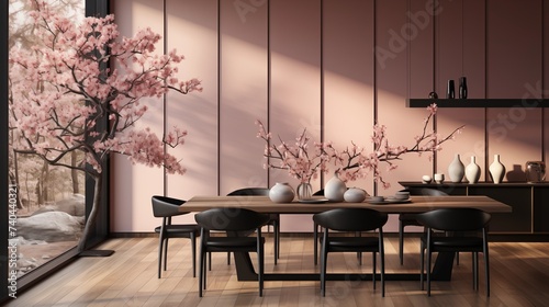 A contemporary dining room with pale orchid upholstered chairs and an ebony black accent wall