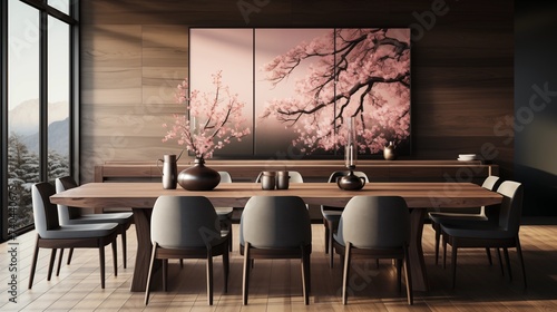 A contemporary dining room with pale orchid upholstered chairs and an ebony black accent wall