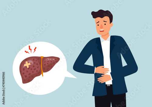 Man with liver disease in flat design. Liver cirrhosis or cancer.