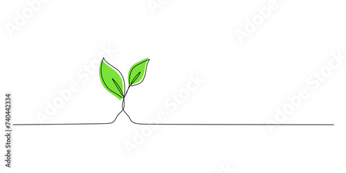 One continuous line growing sprout. Hand drawn doodle line art plant with green color