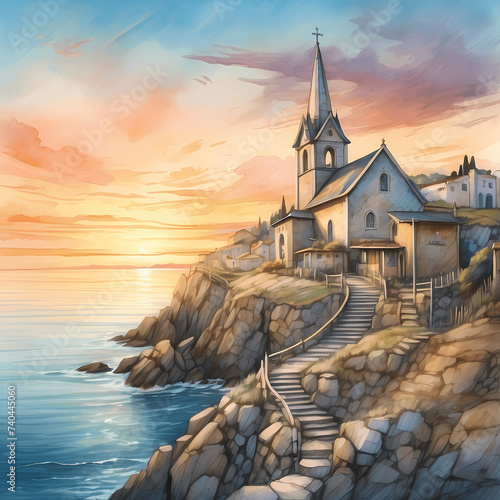 a coastal village scene at sunset, with a small chapel overlooking the sea, its spire glowing in the warm evening light