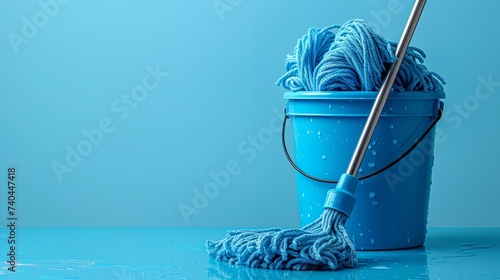 Blue mop on a blue bucket in a clean blue surface with a big empty space for text or product, Generative AI.