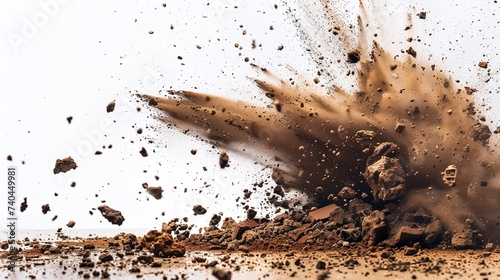 Dirt explosion with debris flying on white backdrop with a big empty space for text or product, Generative AI.