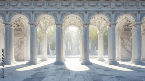 Arcade and a corridor of white columns. A passage of marble columns. Background with perspective going into distance