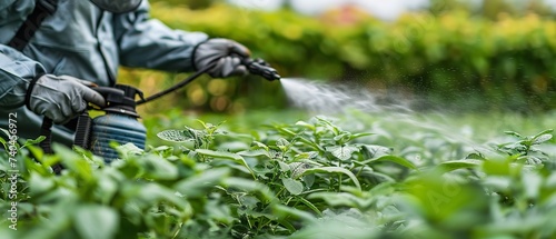 Portrait of a farmer spraying in field wearing protective suit in blurry site with space for text or product, Generative AI.