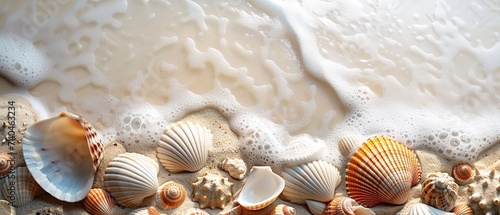 Sea shells in sea shore with water splash a perfect summer backdrop with space, Generative AI.