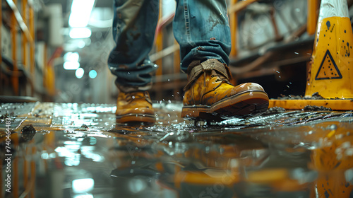 Accident on site. Construction worker has an accident a slip-and-fall accident on a wet floor at a construction site, accident while working, Focus is on the fallen worker and the immediate danger. AI