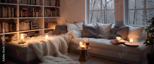 A Scandinavian living room with a touch of hygge, featuring plush throws, soft lighting, and a comfortable reading nook by the window.