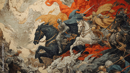 Creative fantasy illustration of knights attacking a dragon