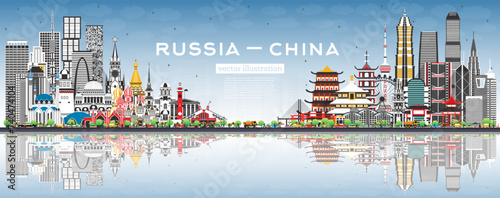 Russia and China skyline with gray buildings, blue sky and reflections. Famous landmarks. China and Russia concept. Diplomatic relations between countries.