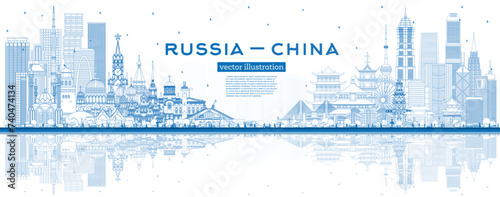 Outline Russia and China skyline with blue buildings and reflections. Famous landmarks. China and Russia concept. Diplomatic relations between countries.