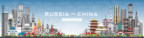Russia and China skyline with gray buildings and blue sky. Famous landmarks. China and Russia concept. Diplomatic relations between countries.