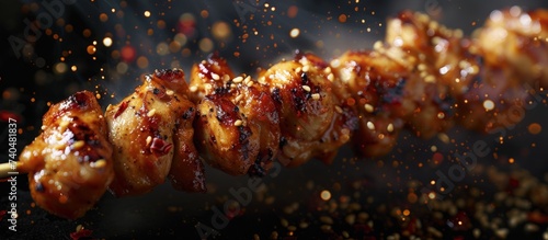 A close up of a chicken skewer on a stick, with billowing smoke, ready to be enjoyed as a delicious dish or appetizer at a culinary event