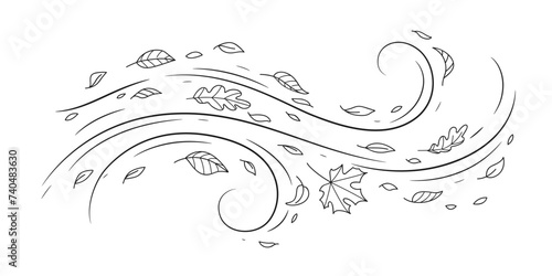 Doodle air wind and flying autumn leaves in hurricane blow or windy storm, line vector. Cartoon autumn wind with oak and maple leaf of fall season in blowing motion with spiral windy twirls