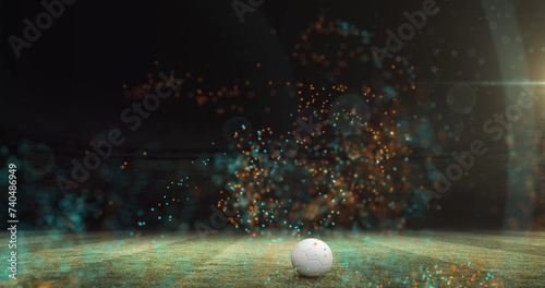 Image of colourful particles moving over football on pitch