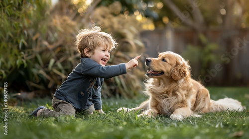 A smiling child boy sits on green grass playing with golden retriever dog