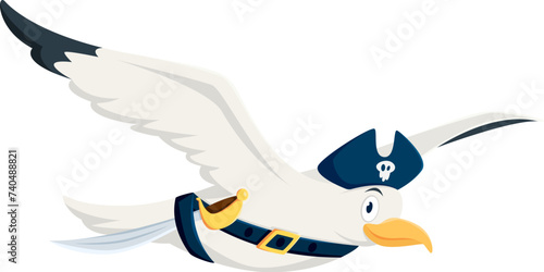 Cartoon seagull pirate corsair animal character. Isolated vector gull bird filibuster personage donning a classic tricorn hat, soars through the sky, wings outstretched, a cutlass hangs on its belt