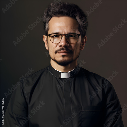 Portrait of a young pastor wearing a black shirt and clerical collar with a rosary and cross around his neck as he clasps his hands in prayer.