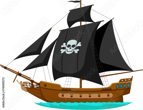Cartoon sea pirate corsair sailing ship. Isolated vector old frigate with black sails, jolly roger skull, flag and wooden hull. Brigantine on ocean waves, ready for adventure. Buccaneer transportation
