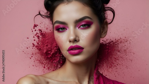 A striking woman with pink makeup stands against a red wall, her perfectly applied lipstick and dramatic eye makeup hinting at a glamorous photo shoot or fashion event