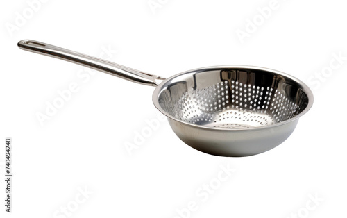 A stainless steel strainer featuring a convenient handle, designed for efficient food preparation and kitchen use. Isolated on a Transparent Background PNG.