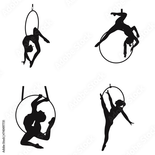 Aerial Hoop Silhouette. Woman Gymnast Dancer. Isolated On White Background. Vector Illustration Set