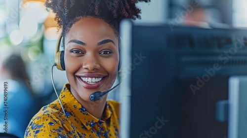 Call center agent smiling while working on a computer and talking with a customer on the phone, customer support representative