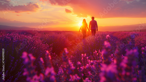 a couple walking in a lavender field at sunset