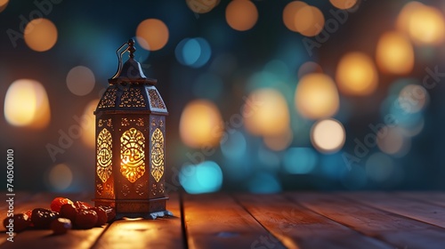 Ramadan Lantern with Dates on Wooden Table and Dates