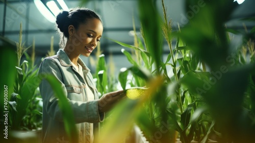 A happy female geneticist scientist checks the growth of plants, examines crops, pests, develops new varieties of corn in the greenhouse. Bioengineering, Biotechnology, Agronomy concepts.