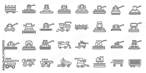 Combine harvester icons set outline vector. Farm agriculture. Summer rural machinery