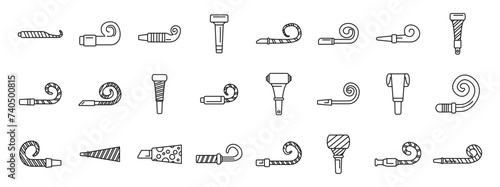 Party blower icons set outline vector. Whistle horn happy. Celebration carnival