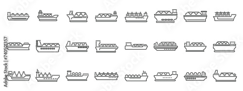 Gas carrier ship icons set outline vector. Energy terminal port. Marine boat industry