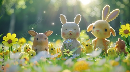 Adorable plush rabbits and ducklings amidst vibrant spring flowers and sunlit meadow.