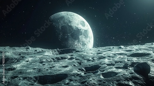 A stunning view of the moon's surface in the foreground with the Earth rising against the backdrop of a star-filled sky.