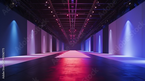 Empty hall exhibition for stage Design,mockup,Product display and Corporate identity.Platform elements in hall.Blank floor system for Graphic Resources.Scene event led night light stag : Generative AI
