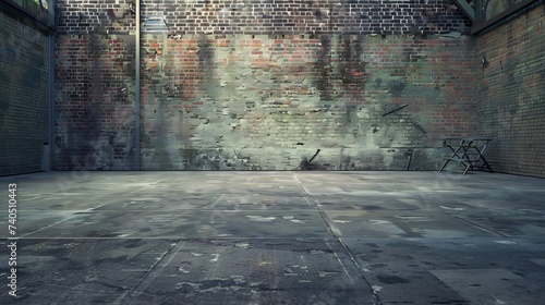 Industrial background, empty grunge urban street with warehouse brick wall : Generative AI