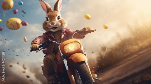 cute easter bunny riding a motorcycle, surrounded by easter eggs. ai generative
