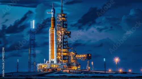 Moon rocket with crew capsule on launch pad in preparation for launch Primary source elements of this image : Generative AI