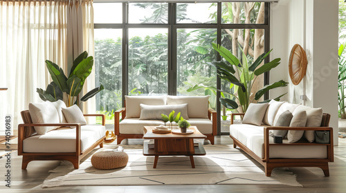 modern living room with green environment. wooden furniture, big window, and plants