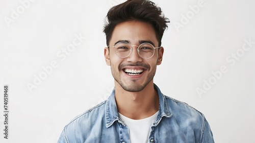 Waist up shot of handsome self confident cheerful male entrepreneur has broad smile wears round transparent glasses happy to meet with colleague dressed in fashionable denim shirt isol : Generative AI