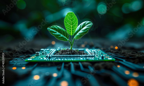 Sustainable Technology Concept with a Young Plant Growing from a Circuit Board, Symbolizing Eco-Friendly Innovation and Green Tech Solutions