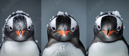 Mysterious three penguins with striking red eyes and elegant white feathers in the Arctic