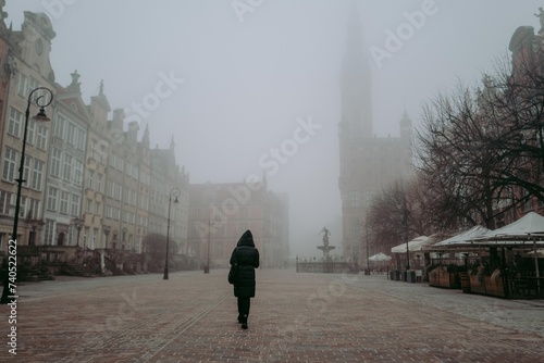 Foggy European old town of Gdansk in Poland